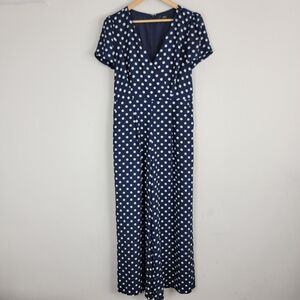 J Crew Jumpsuit Women 10 Navy White Polka Dot Wide Leg 1pc Wrap Zip Short Sleeve